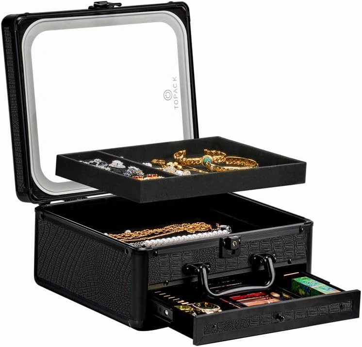 TOPACK Makeup Cases with Led Mirror, Portable Makeup Box Make Up Case with Mirror Makeup Travel Case Makeup Box Travel Jewelry Case Organizer-Crocodile