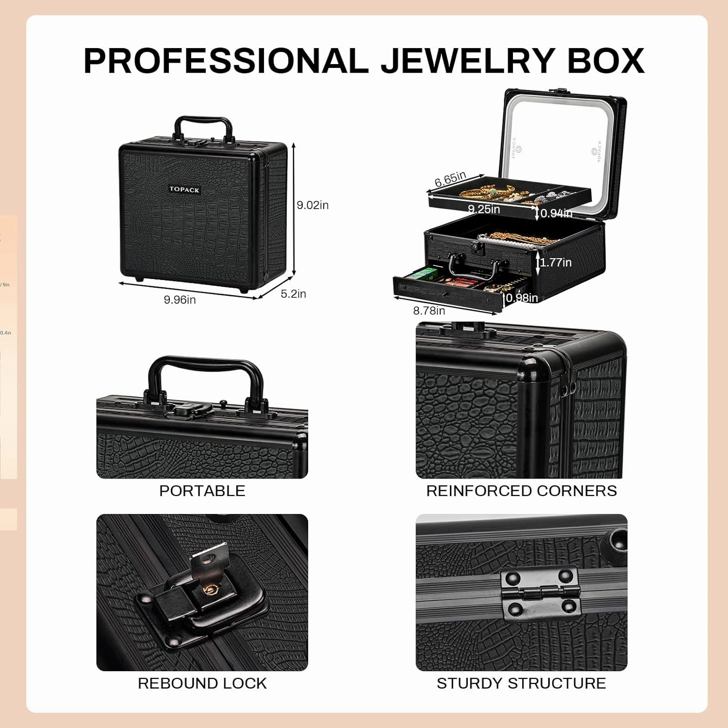TOPACK Makeup Cases with Led Mirror, Portable Makeup Box Make Up Case with Mirror Makeup Travel Case Makeup Box Travel Jewelry Case Organizer-Crocodile