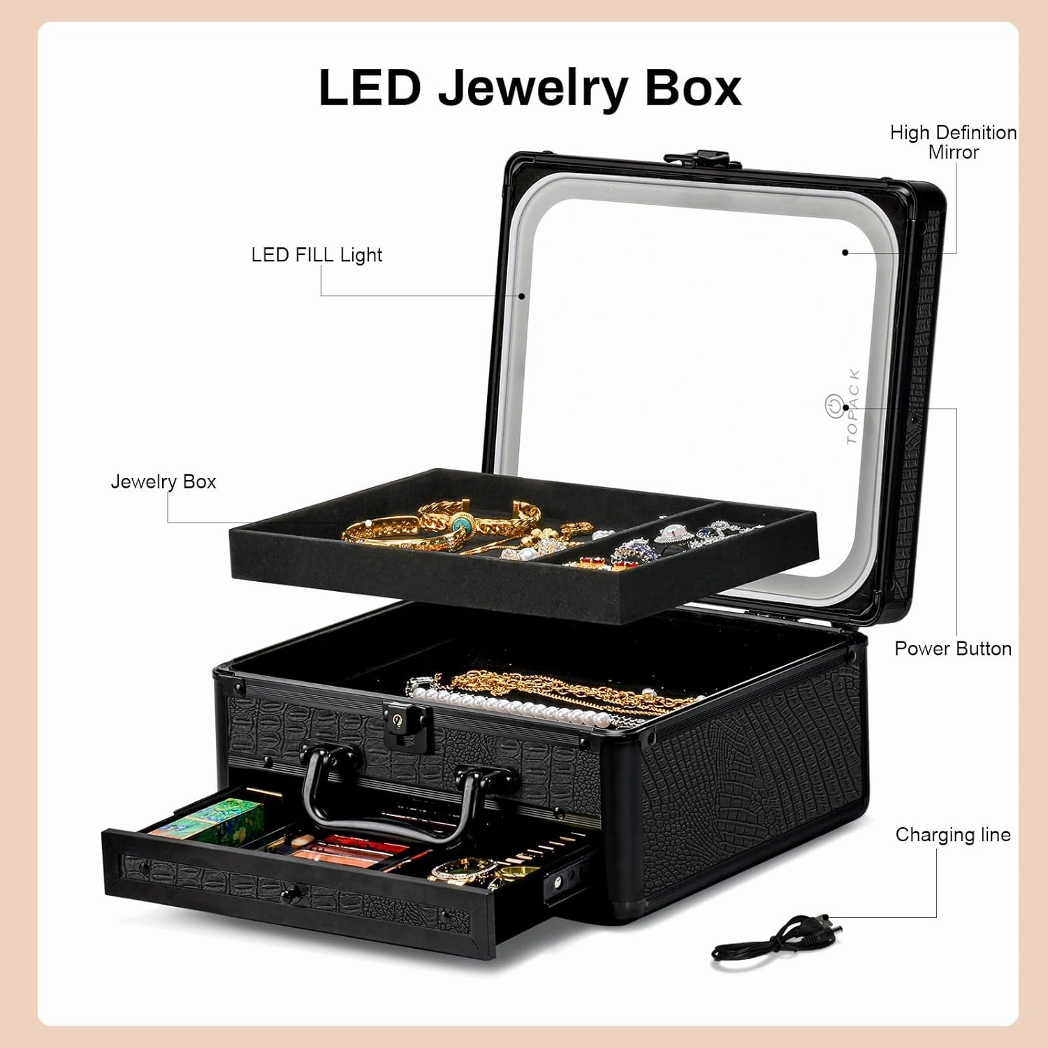 TOPACK Makeup Cases with Led Mirror, Portable Makeup Box Make Up Case with Mirror Makeup Travel Case Makeup Box Travel Jewelry Case Organizer-Crocodile