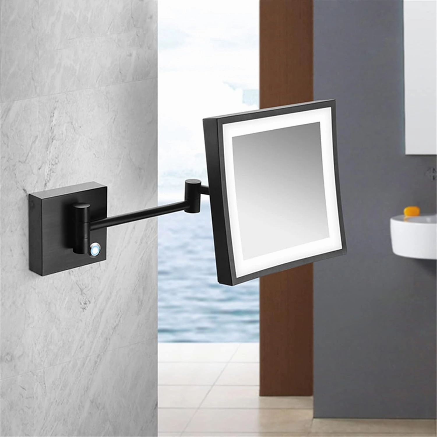 Touch Dimming Makeup Mirror with Lights and 3X Magnification, Square LED Wall Mounted Bathroom Vanity Mirror, Rotable Extendable Shaving Mirror,Nickel,Plug in(Silver,Hardwired)