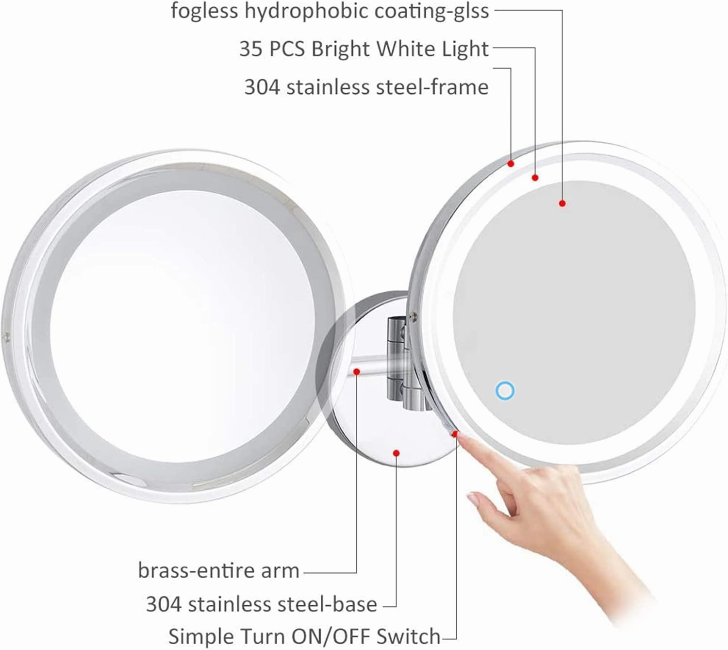 Touch Dimming Switch Makeup Mirror with Lights and 10X Magnification, LED Wall Mounted Vanity Mirror, Rotable Extendable Shaving Mirror,Silver,Plug in(Rose Gold,Hardwired)