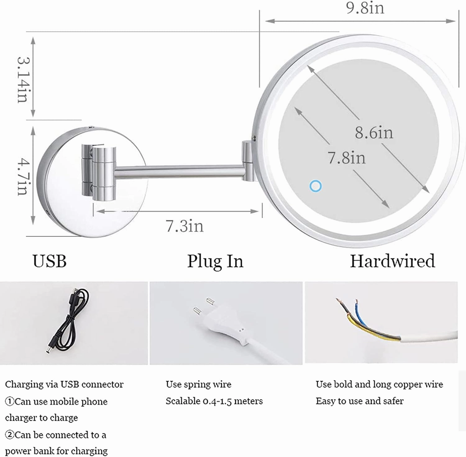 Touch Dimming Switch Makeup Mirror with Lights and 10X Magnification, LED Wall Mounted Vanity Mirror, Rotable Extendable Shaving Mirror,Silver,Plug in(Rose Gold,Hardwired)