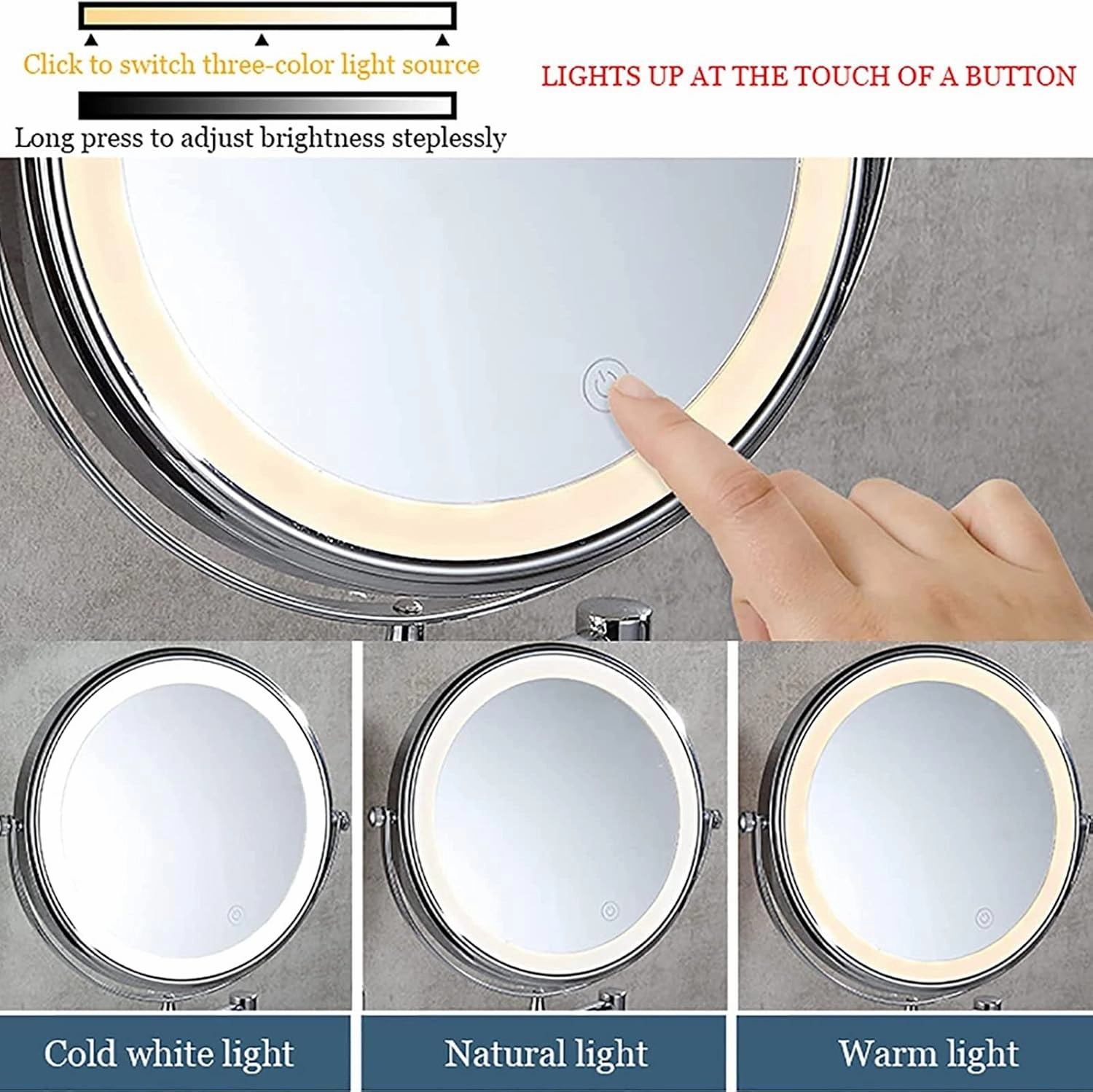 Touch Dimming Switch Makeup Mirror with Lights and 10X Magnification, LED Wall Mounted Vanity Mirror, Rotable Extendable Shaving Mirror,Silver,Plug in(Rose Gold,Hardwired)