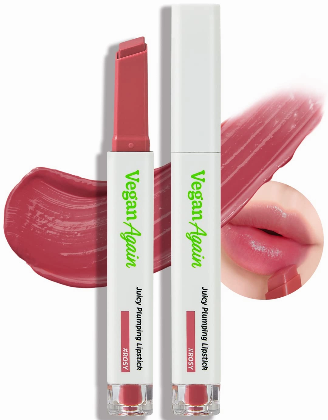 Touch in Sol Vegan Again Plumping Lipstick #ROSY, Intensive Hydrating Lip Plumps, Voluminous & Shiny Lip GLow, Glossy, Radiant Lips with Shea Butter & Vegan Collagen, 0.07oz.