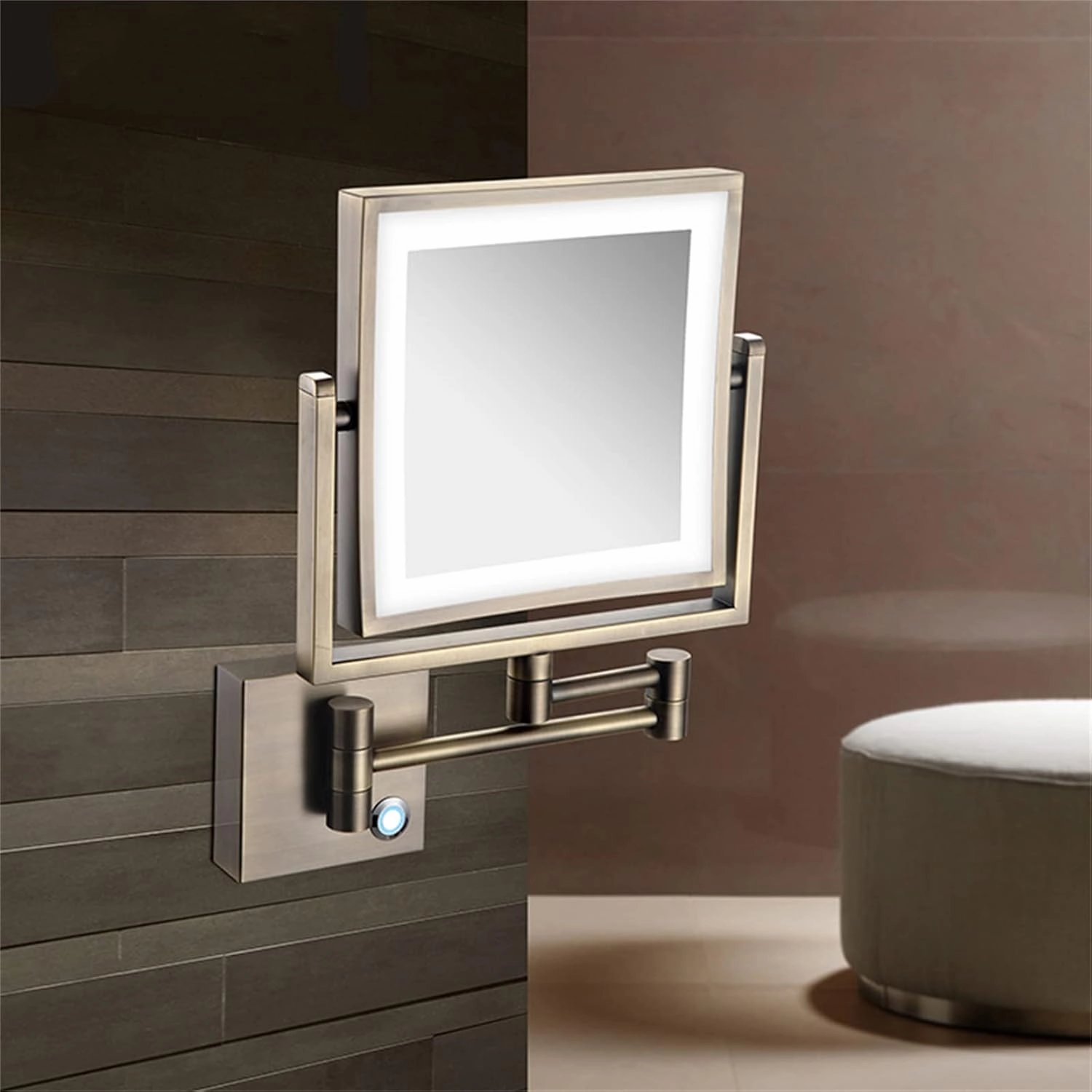 Touch Stepless Dimming LED Lighted Makeup Mirror, Square Wall Mounted Double Sided 1X/3X Magnifying Mirror Rotation Extension Bathroom Mirror,Silver,USB(Gold,USB)
