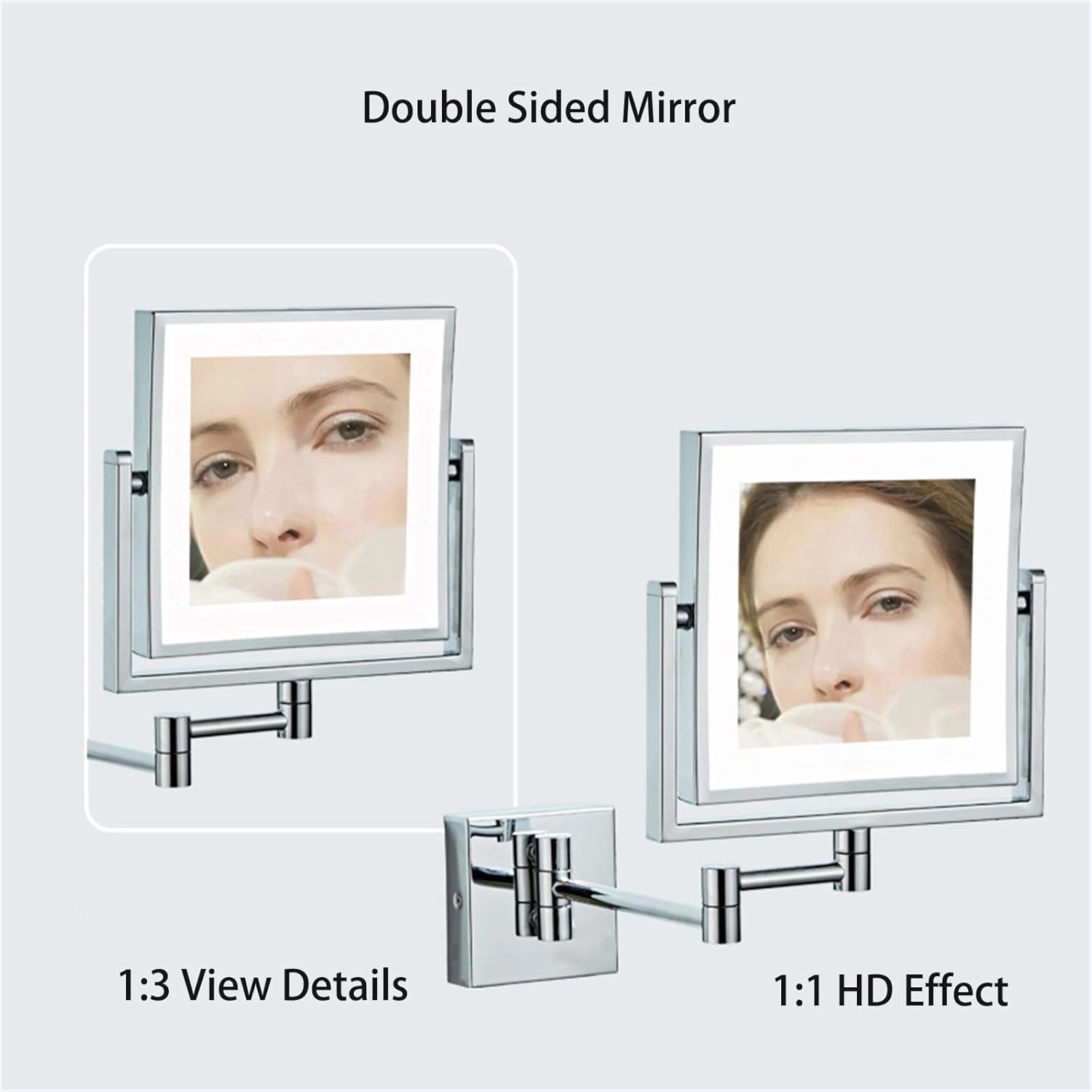Touch Stepless Dimming LED Lighted Makeup Mirror, Square Wall Mounted Double Sided 1X/3X Magnifying Mirror Rotation Extension Bathroom Mirror,Silver,USB(Gold,USB)