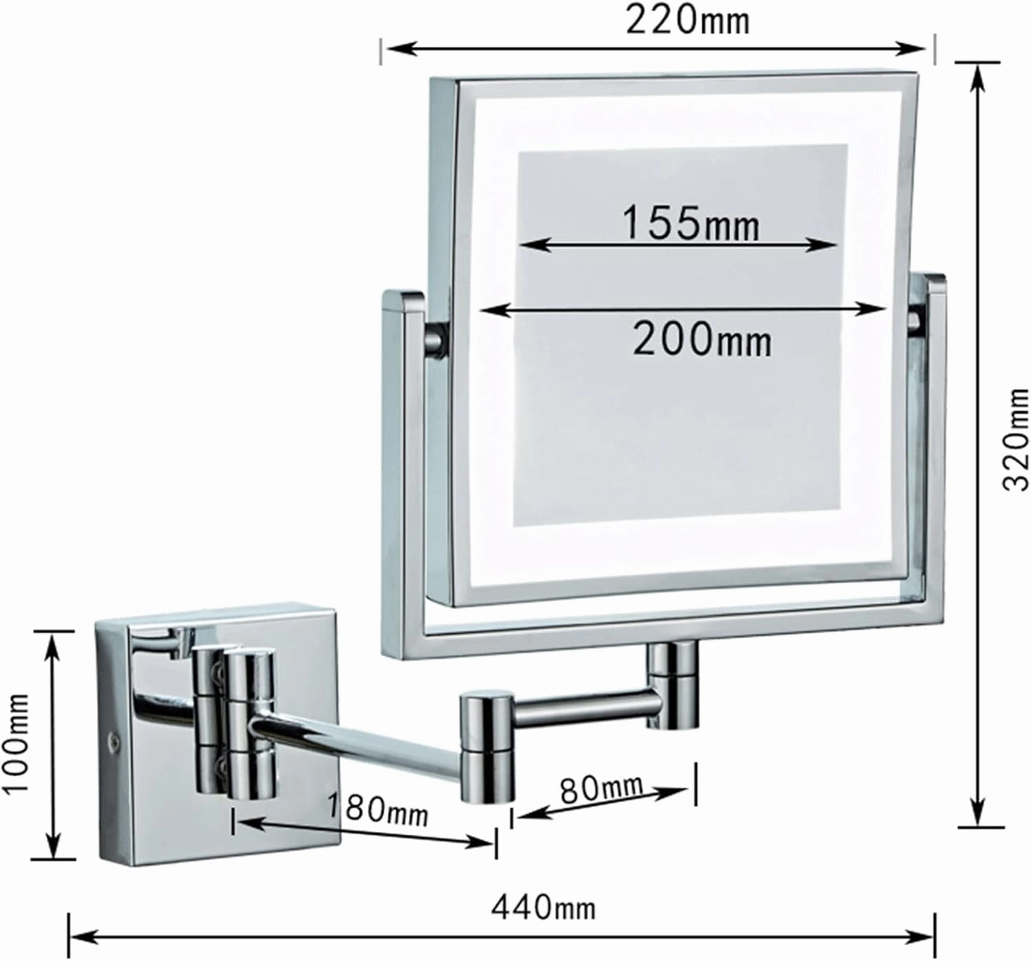 Touch Stepless Dimming LED Lighted Makeup Mirror, Square Wall Mounted Double Sided 1X/3X Magnifying Mirror Rotation Extension Bathroom Mirror,Silver,USB(Gold,USB)
