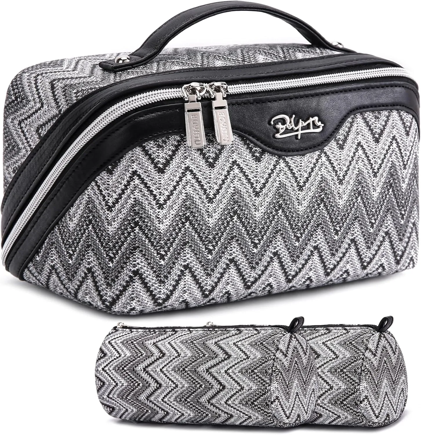 Travel Cosmetic Bag Makeup Bags for Women: Western Boho Makeup Bag Set of 3 - Large Vegan Leather Cosmetic Organizer Bags with Compartments & Handle & Divider(Black)