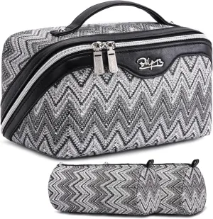 Travel Cosmetic Bag Makeup Bags for Women: Western Boho Makeup Bag Set of 3 - Large Vegan Leather Cosmetic Organizer Bags with Compartments & Handle & Divider(Black)