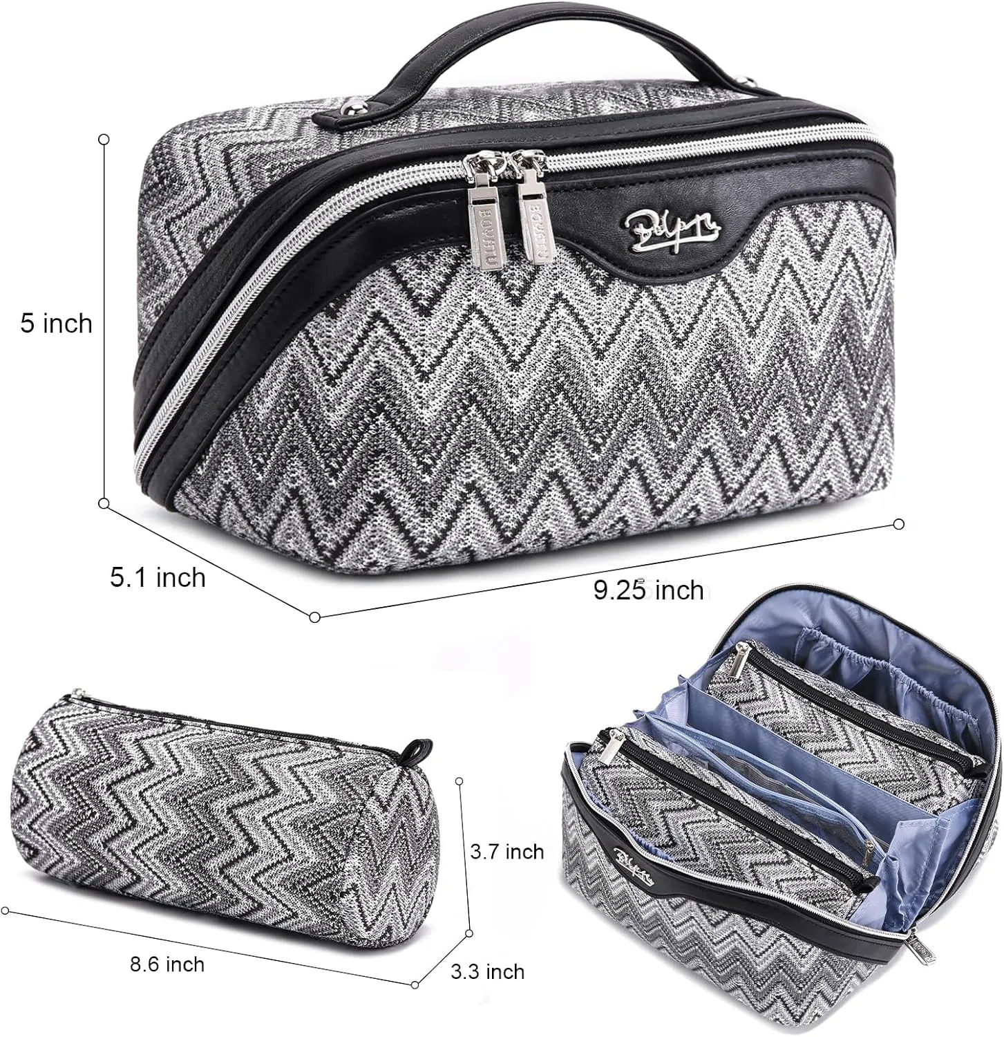 Travel Cosmetic Bag Makeup Bags for Women: Western Boho Makeup Bag Set of 3 - Large Vegan Leather Cosmetic Organizer Bags with Compartments & Handle & Divider(Black)