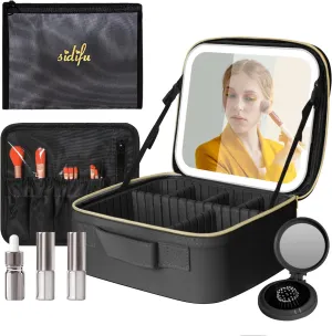 Travel Makeup Bag Cosmetic Bag Makeup Organizer Bag with Adjustable Brightness LED & Detachable Mirror & Mini Beauty Toolset, Large Makeup Train Case Toiletry Gift (Black)