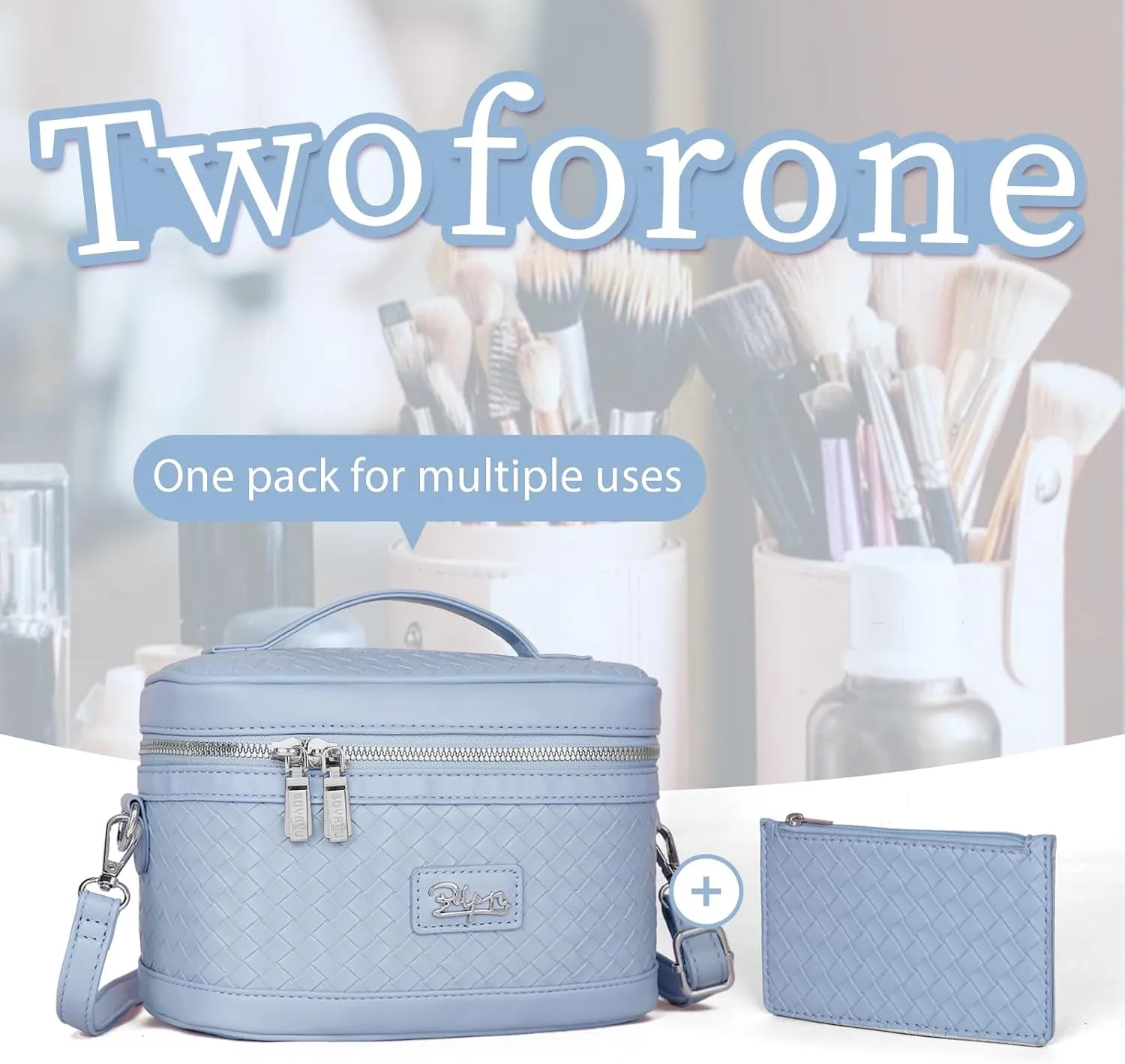 Travel Makeup Bag for Women: Large Capacity Cosmetic Bag Set of 2 - Vegan Leather Vanity Case with Mirror - Crossbody Waterproof Toiletry Bag Make up Organizer Case (Blue)