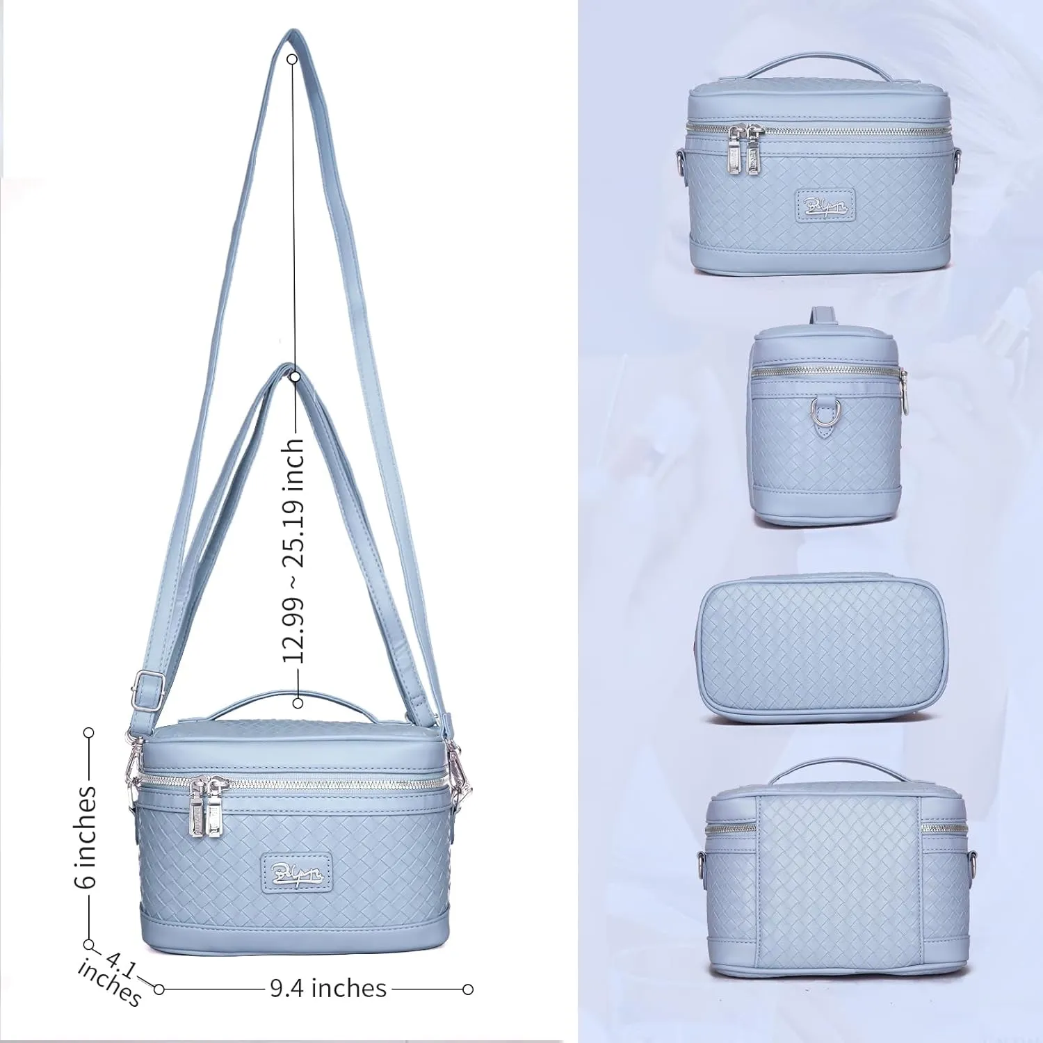 Travel Makeup Bag for Women: Large Capacity Cosmetic Bag Set of 2 - Vegan Leather Vanity Case with Mirror - Crossbody Waterproof Toiletry Bag Make up Organizer Case (Blue)