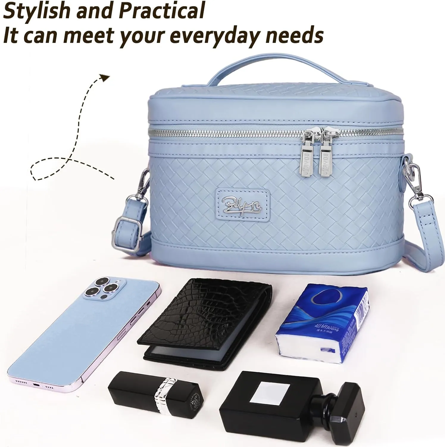 Travel Makeup Bag for Women: Large Capacity Cosmetic Bag Set of 2 - Vegan Leather Vanity Case with Mirror - Crossbody Waterproof Toiletry Bag Make up Organizer Case (Blue)