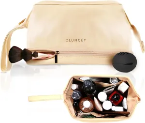 Travel Makeup Bag For Women | Large Capacity Cosmetic Organizer Bags - Waterproof Leather Toiletry Bag, Portable Makeup Organizer with Beauty Sponge Holder Double Layer Makeup Brush Organizer