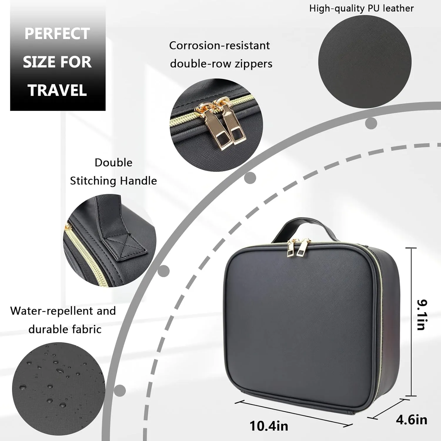 Travel Makeup Bag with LED Lighted Mirror, Travel Makeup Organizer,3 Color Setting Cosmetic Makeup Box, Adjustable Dividers and Brush Holder（black）