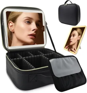 Travel Makeup Bag with LED Lighted Mirror, Travel Makeup Organizer,3 Color Setting Cosmetic Makeup Box, Adjustable Dividers and Brush Holder（black）
