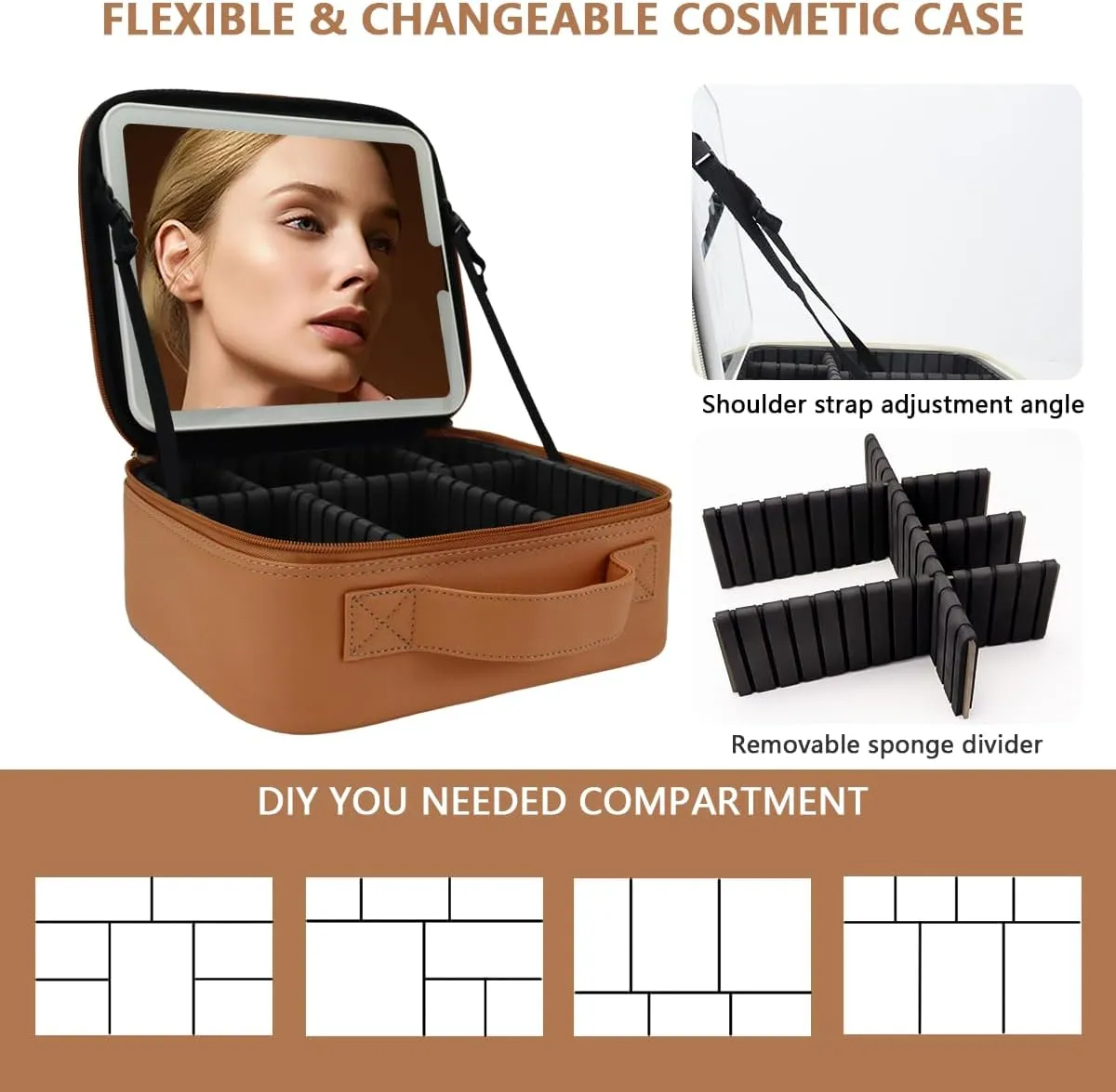Travel Makeup Bag with LED Lighted Mirror, Travel Makeup Organizer,3 Color Setting Cosmetic Makeup Box, Adjustable Dividers and Brush Holder（CARAMEL COLOR）