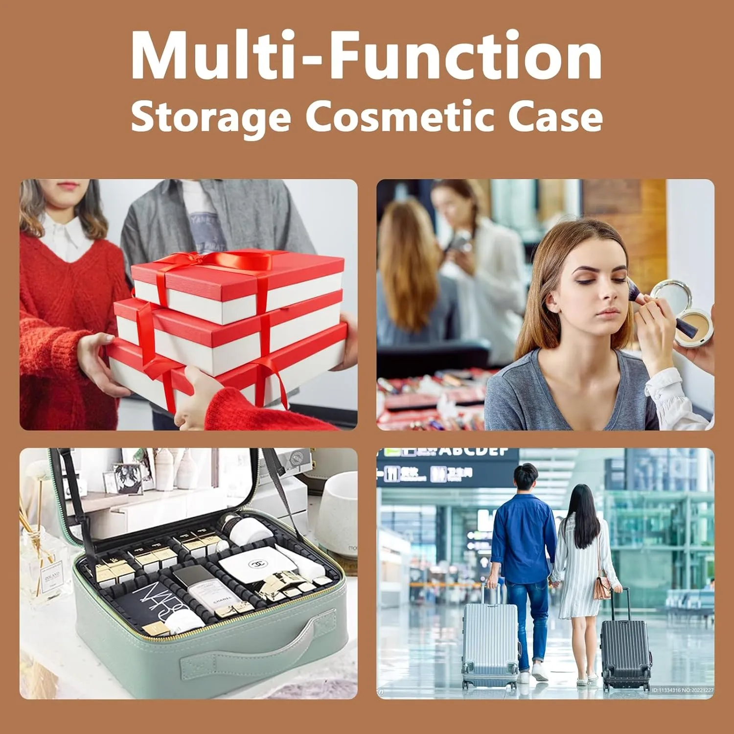 Travel Makeup Bag with LED Lighted Mirror, Travel Makeup Organizer,3 Color Setting Cosmetic Makeup Box, Adjustable Dividers and Brush Holder（CARAMEL COLOR）