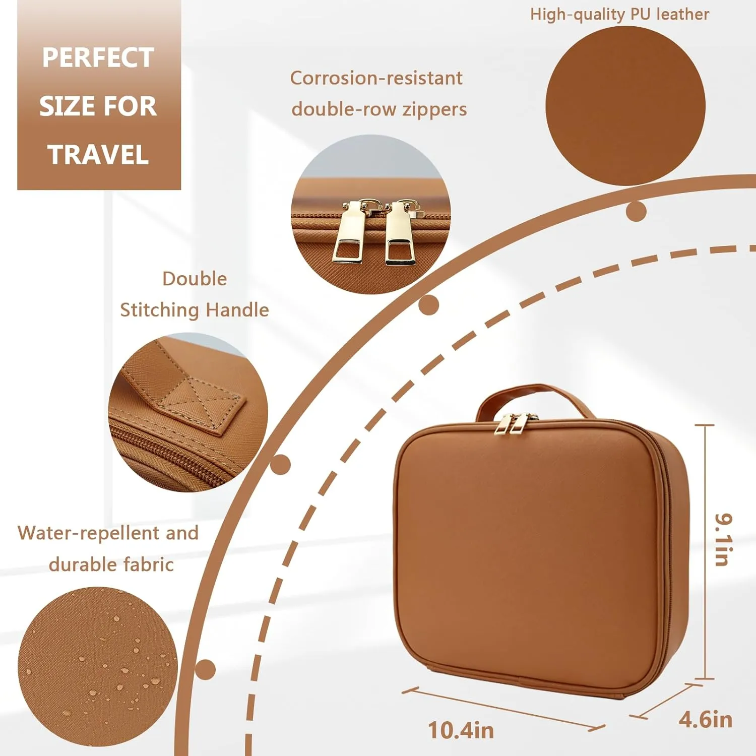 Travel Makeup Bag with LED Lighted Mirror, Travel Makeup Organizer,3 Color Setting Cosmetic Makeup Box, Adjustable Dividers and Brush Holder（CARAMEL COLOR）