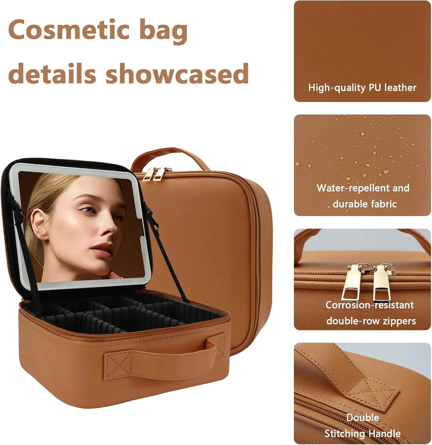 Travel Makeup Bag with LED Lighted Mirror, Travel Makeup Organizer,3 Color Setting Cosmetic Makeup Box, Adjustable Dividers and Brush Holder（CARAMEL COLOR）