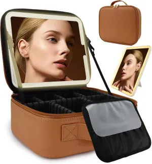 Travel Makeup Bag with LED Lighted Mirror, Travel Makeup Organizer,3 Color Setting Cosmetic Makeup Box, Adjustable Dividers and Brush Holder（CARAMEL COLOR）
