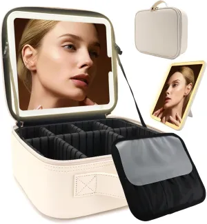 Travel Makeup Bag with LED Lighted Mirror, Travel Makeup Organizer,3 Color Setting Cosmetic Makeup Box, Adjustable Dividers and Brush Holder（white）