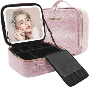 Travel Makeup Bag with LED Mirror – 3 Brightness Modes, Portable Lighted Makeup Case with Adjustable Dividers, Cosmetic Organizer Gift for Women (Pink)