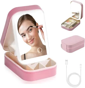 Travel Makeup Bag with LED Mirror, LED Three-Color Adjustable Makeup Mirror, Three Colors Brightness Adjustable Makeup Mirror with Lights, Rechargeable Lighted Makeup Mirror, Pink