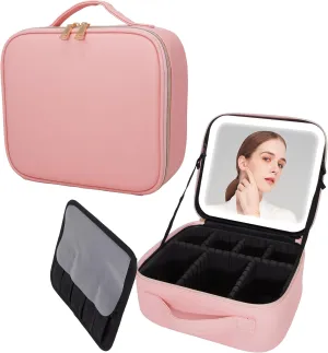 Travel Makeup Bag with LED Mirror, Makeup Train Case for Women, Portable Cosmetic Bag with Brush Organizer Storage Box Vanity Case, Adjustable Divider, 3 Color Brightness, Pink