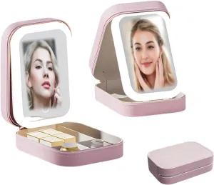 Travel Makeup Bag With Led Mirror,Small Makeup Organizer With Light,Pink Beautifect Box Portable Makeup Bag Make Up Case, Gift For Girl&Lady (Pink)
