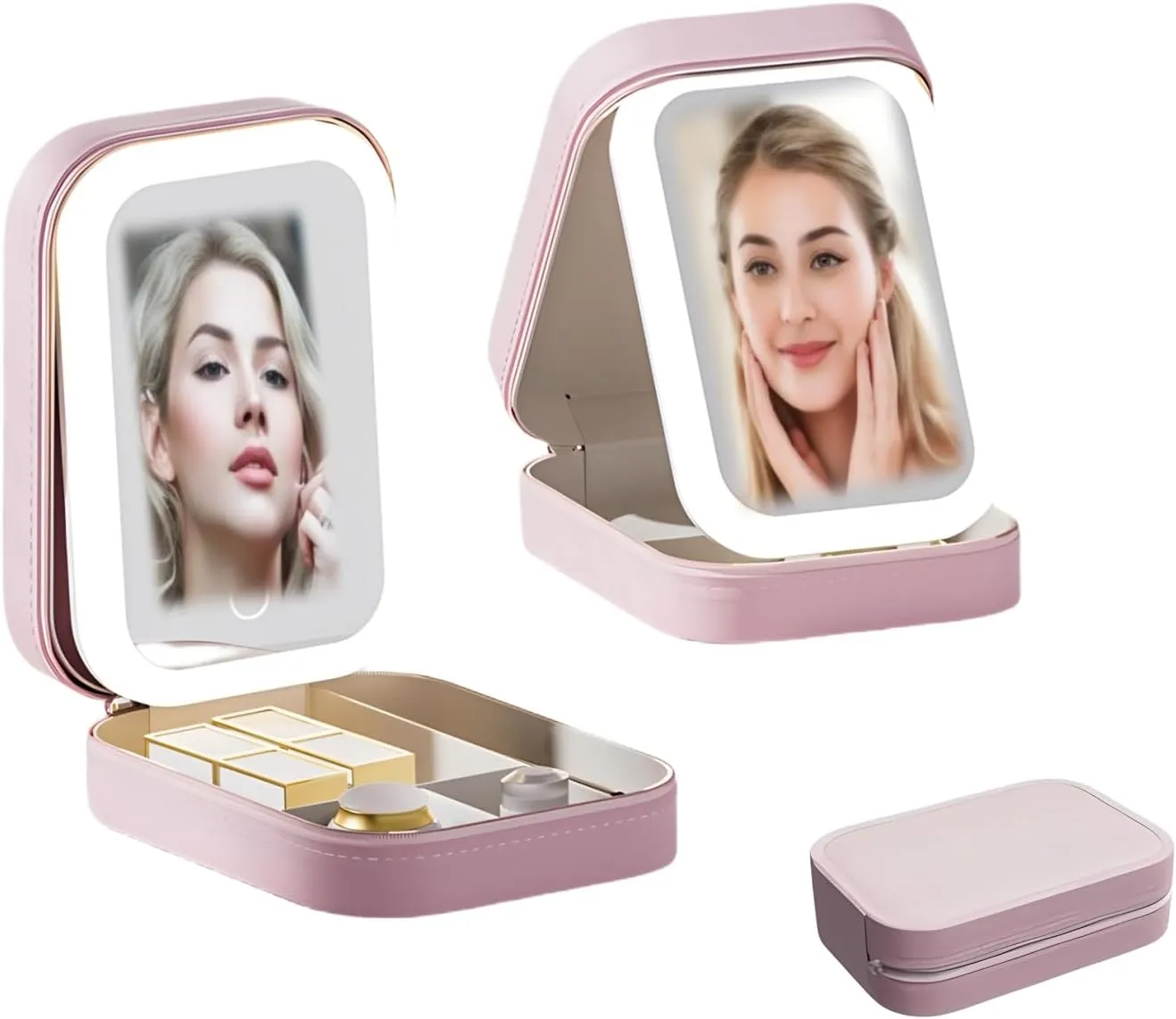 Travel Makeup Bag With Led Mirror,Small Makeup Organizer With Light,Pink Beautifect Box Portable Makeup Bag Make Up Case, Gift For Girl&Lady (Pink)