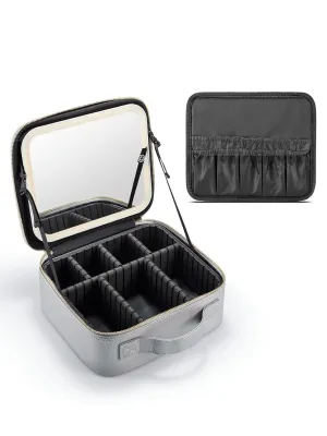 Travel Makeup Bag with Lighted Mirror，Makeup Train Case with Adjustable Dividers and 3 Light Modes, PVC, Silver