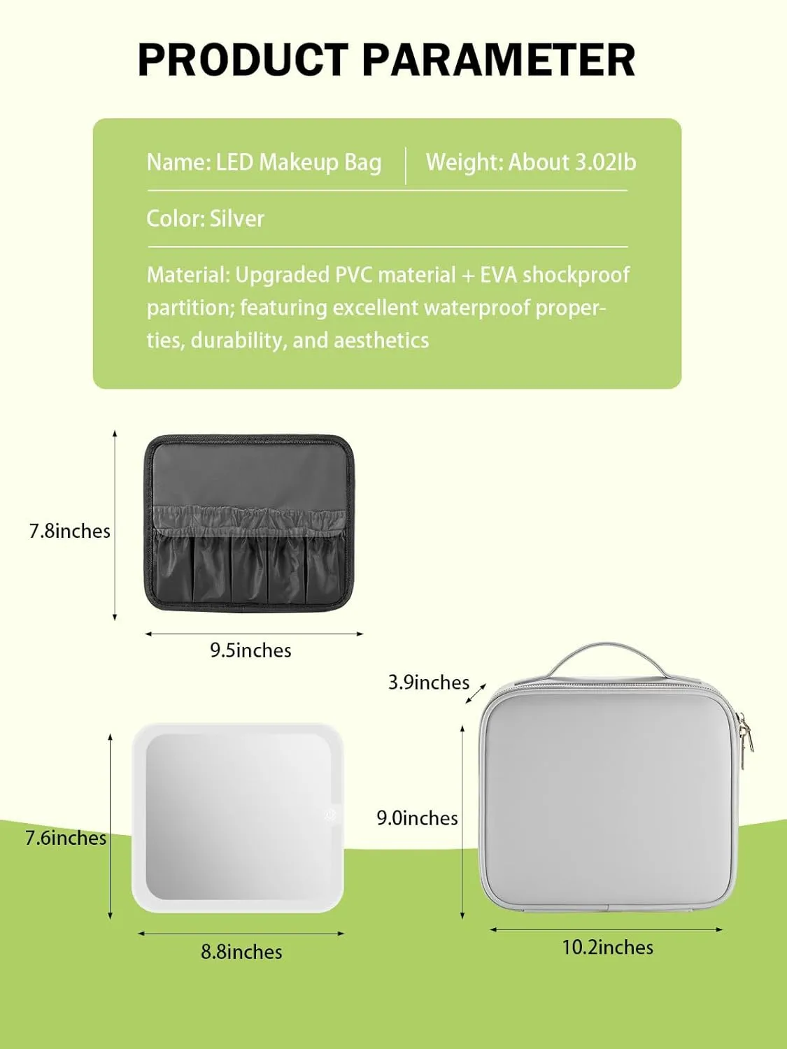 Travel Makeup Bag with Lighted Mirror，Makeup Train Case with Adjustable Dividers and 3 Light Modes, PVC, Silver