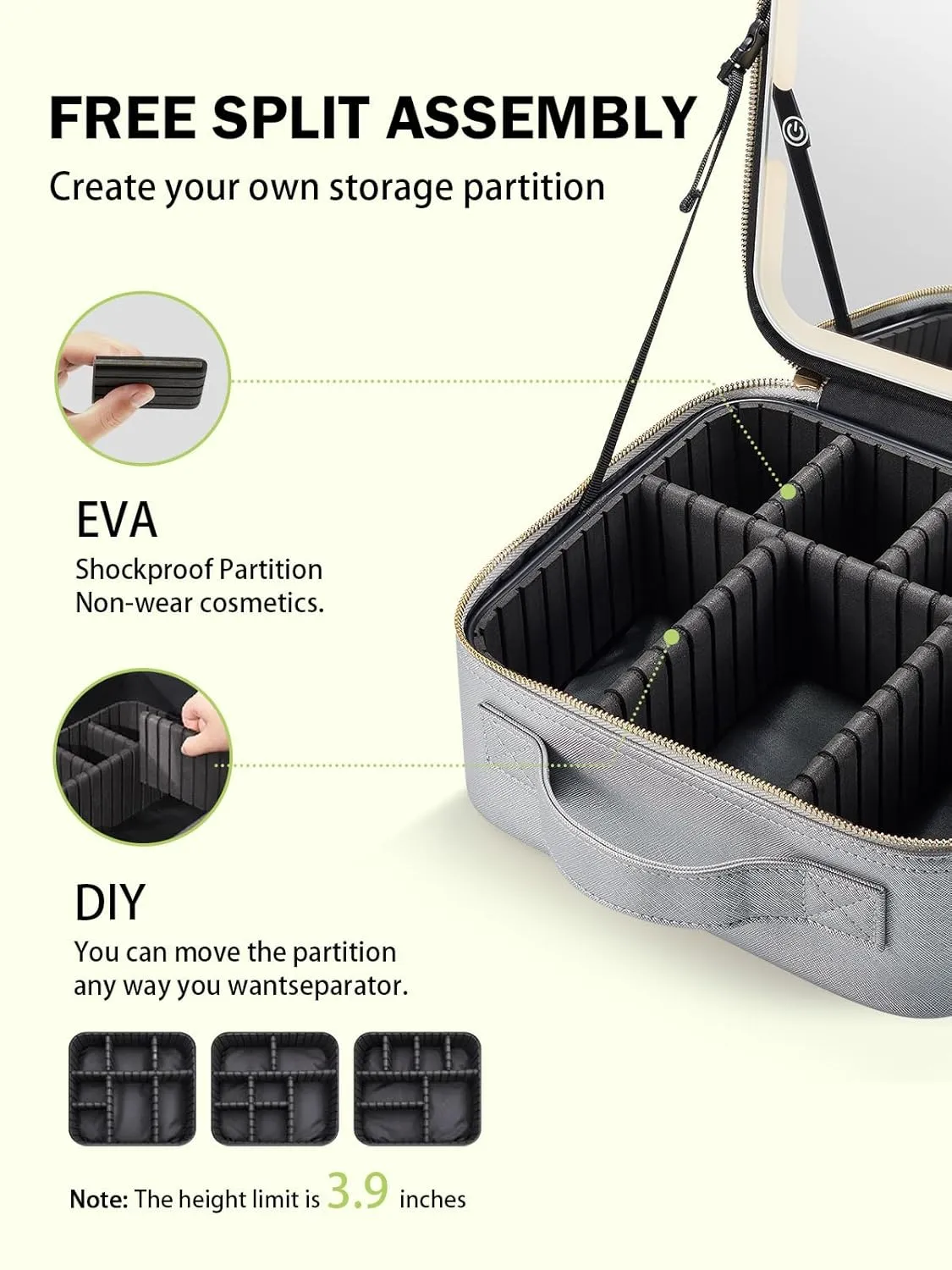Travel Makeup Bag with Lighted Mirror，Makeup Train Case with Adjustable Dividers and 3 Light Modes, PVC, Silver