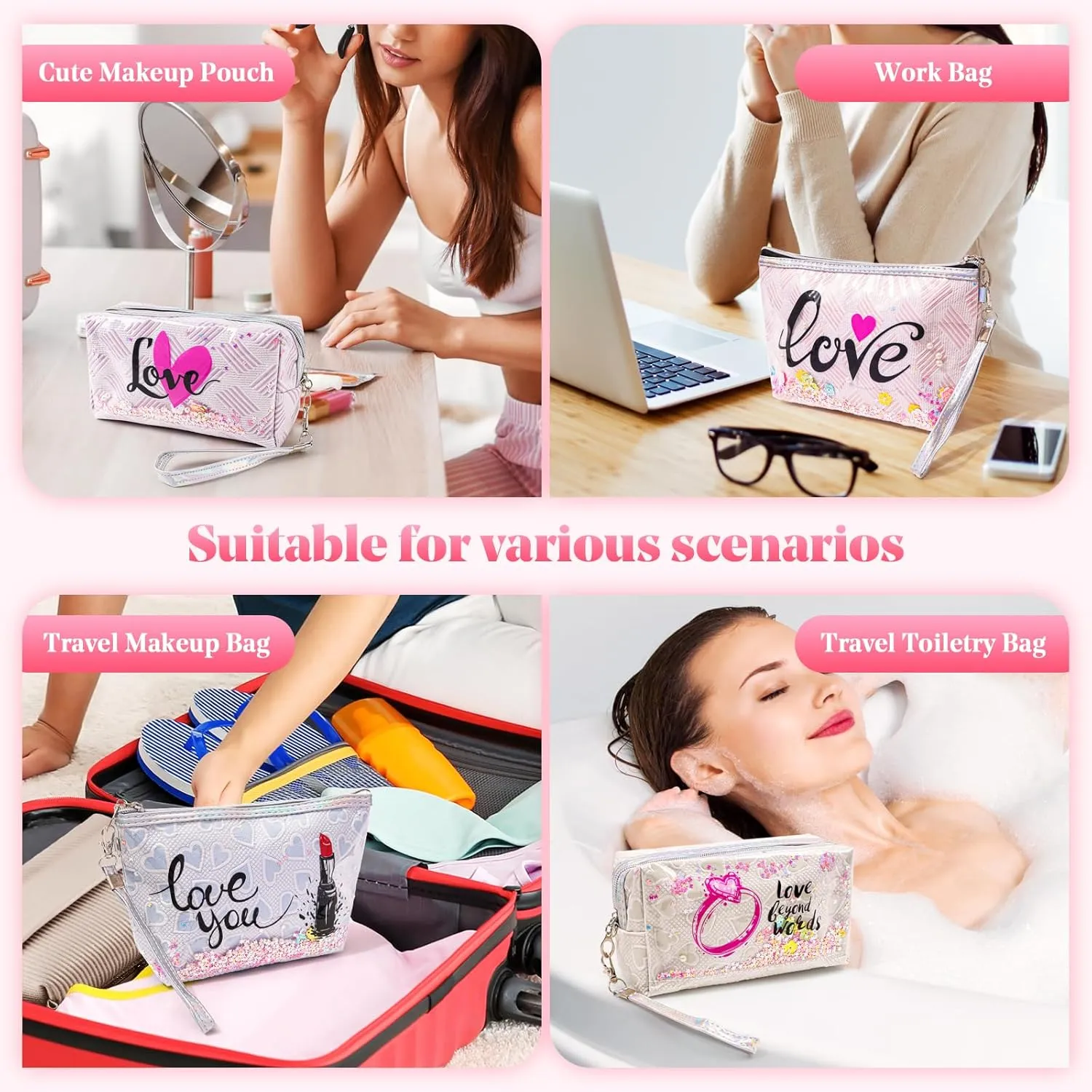 Travel Makeup Bag,Portable Cosmetic Bag, Large Capacity Travel Cosmetic Case Organizer, For Women Toiletry Bag With Zipper And HandleAB24 4 PACK