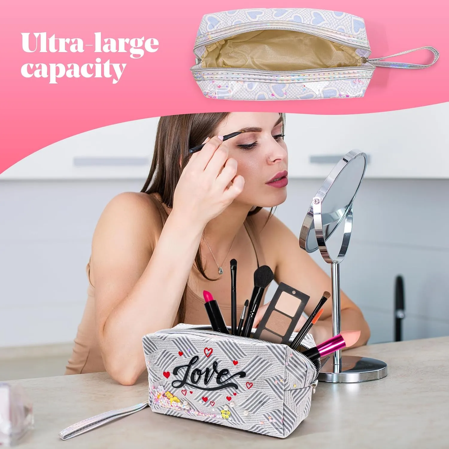 Travel Makeup Bag,Portable Cosmetic Bag, Large Capacity Travel Cosmetic Case Organizer, For Women Toiletry Bag With Zipper And HandleAB24 4 PACK