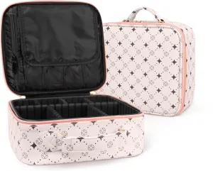 Travel Makeup Bag,Waterproof Cosmetic Organizer, Adjustable Dividers,Portability Cosmetic Train Case,Makeup organizer,Gift for Women,Girls Gift (Beige Pink)