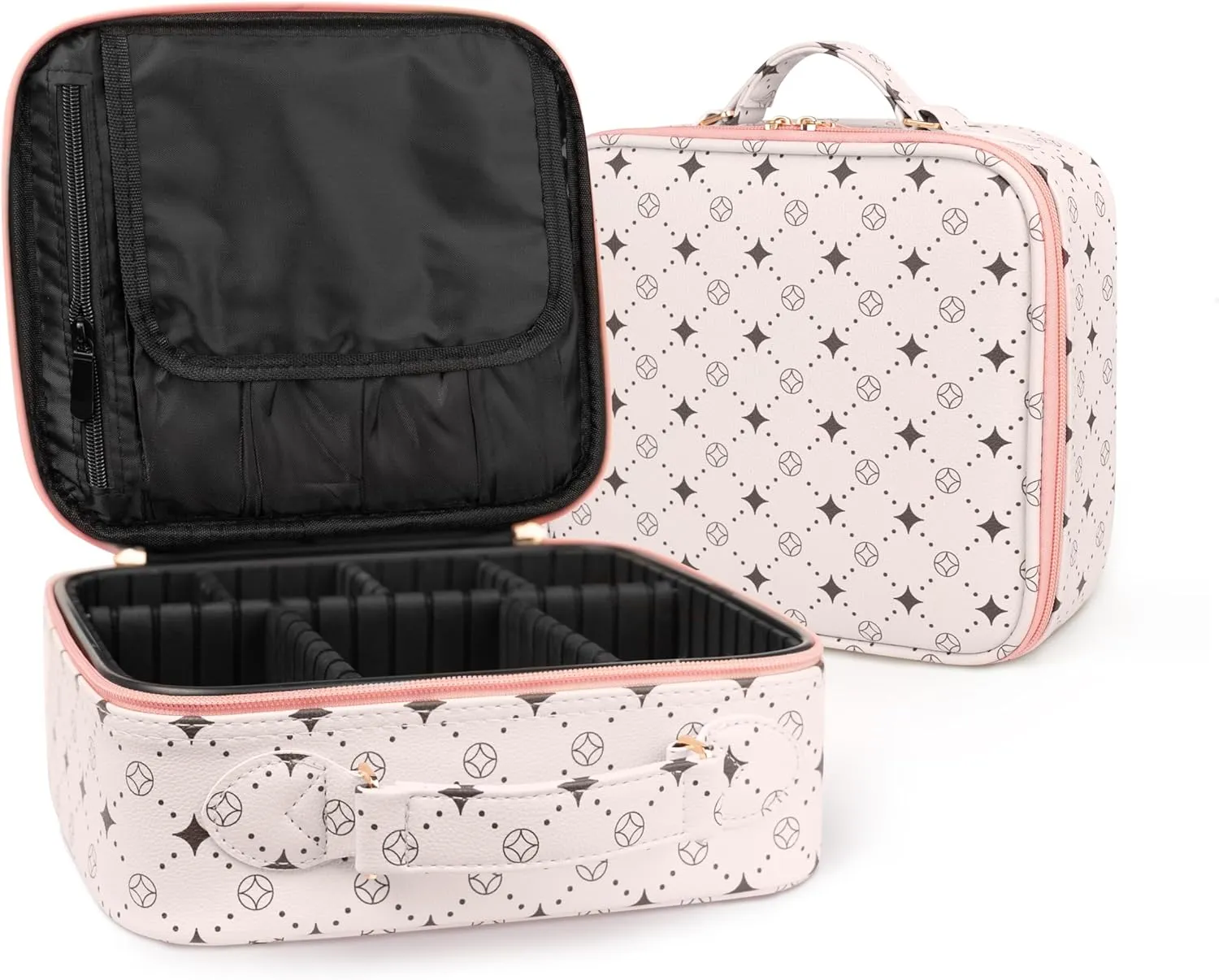Travel Makeup Bag,Waterproof Cosmetic Organizer, Adjustable Dividers,Portability Cosmetic Train Case,Makeup organizer,Gift for Women,Girls Gift (Beige Pink)
