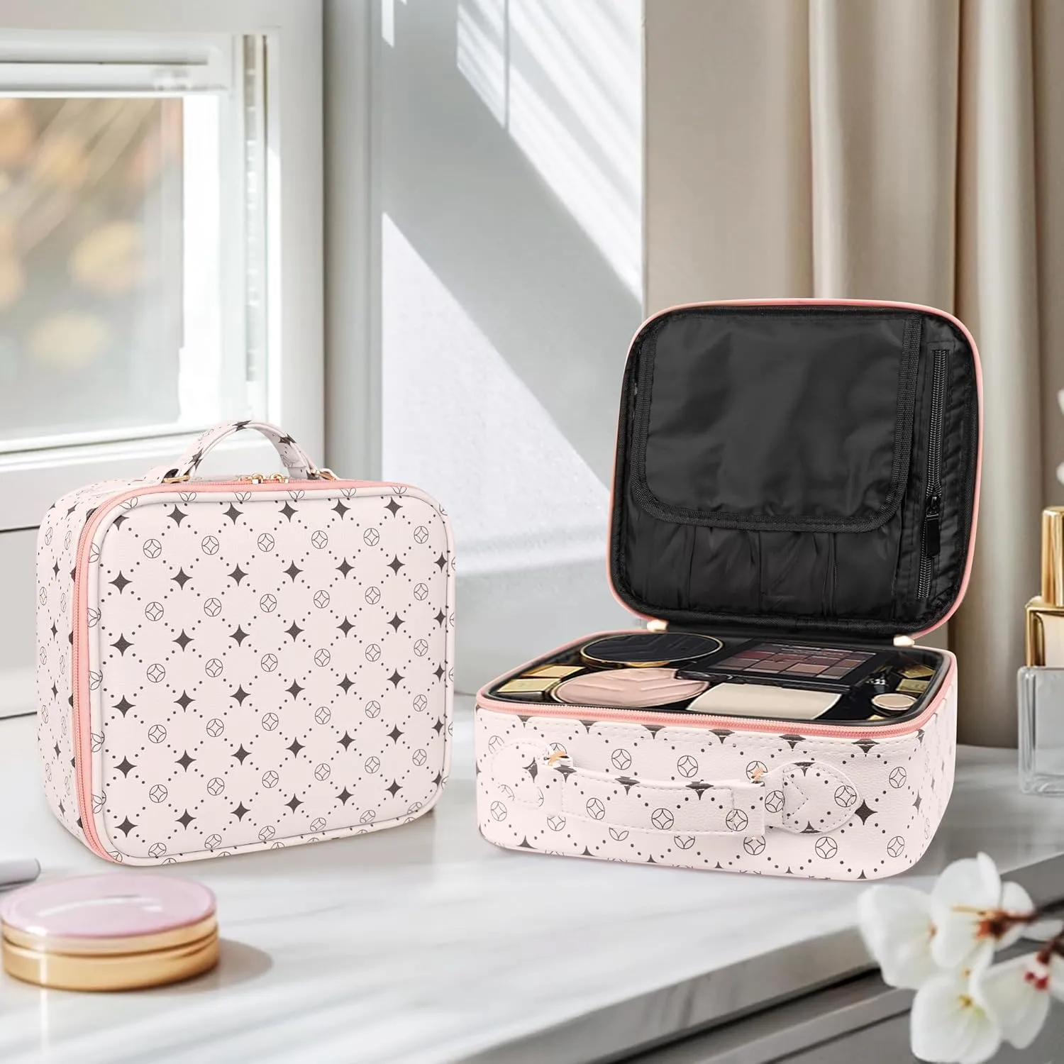 Travel Makeup Bag,Waterproof Cosmetic Organizer, Adjustable Dividers,Portability Cosmetic Train Case,Makeup organizer,Gift for Women,Girls Gift (Beige Pink)