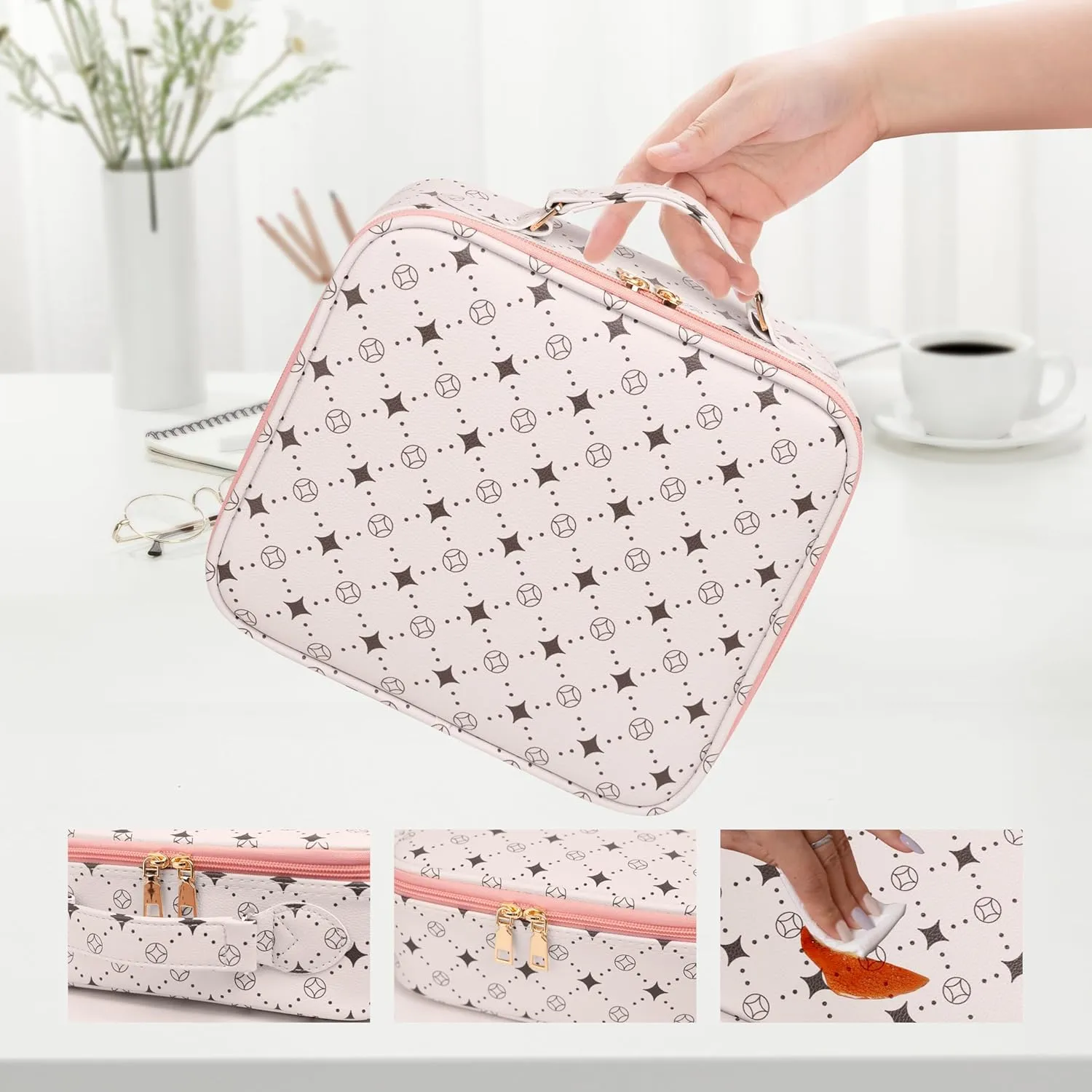 Travel Makeup Bag,Waterproof Cosmetic Organizer, Adjustable Dividers,Portability Cosmetic Train Case,Makeup organizer,Gift for Women,Girls Gift (Beige Pink)
