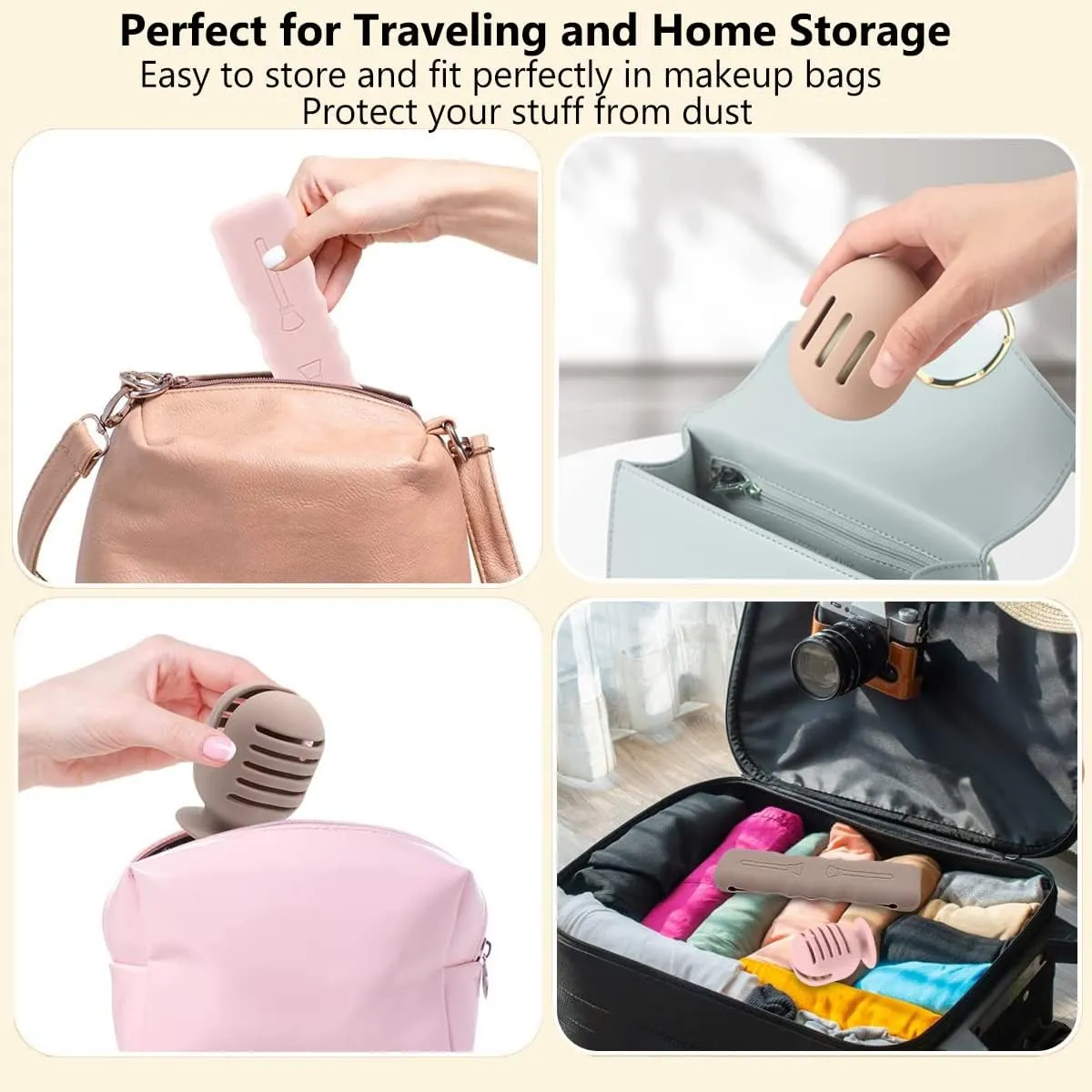 Travel Makeup Brush Holder   Integrated Makeup Sponge Case 4 Pack, Make Up Organizer Bag Cosmetic Pouch, Portable Anti-Dust Silcone Washable Beauty Blender Holder Carrying Case (F Brown Black)