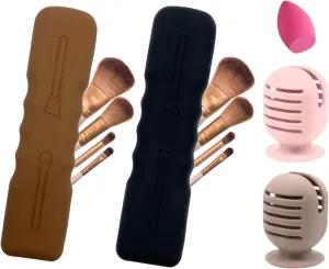 Travel Makeup Brush Holder   Integrated Makeup Sponge Case 4 Pack, Make Up Organizer Bag Cosmetic Pouch, Portable Anti-Dust Silcone Washable Beauty Blender Holder Carrying Case (F Brown Black)