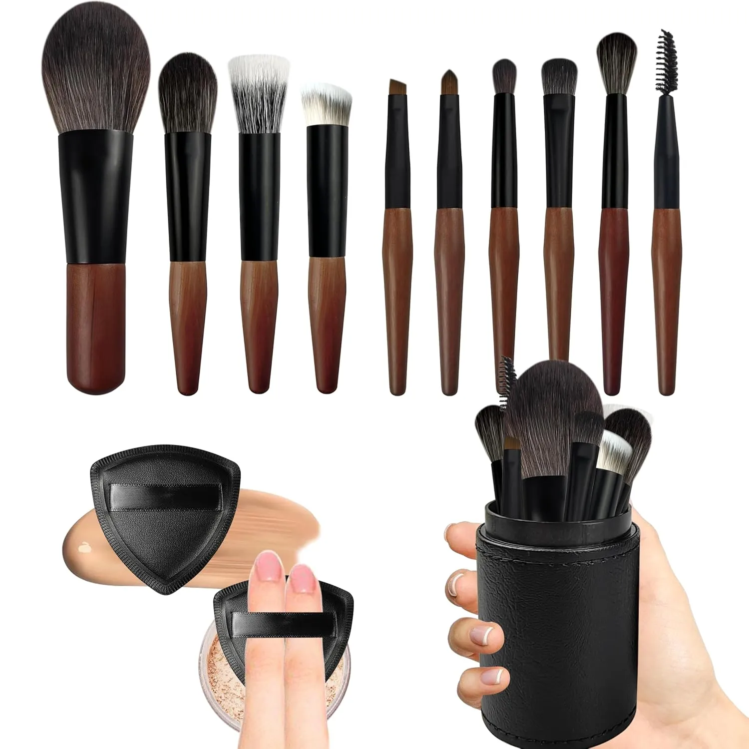 Travel Makeup Brush Set with Case, Mini Makeup Brushes Set for Powder, Foundation, Eyeshadow, Lip, Highlight, Blush & Concealer, 10 Pcs Travel Size Makeup Brushes & 2Pcs Triangle Powder Puff