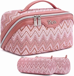 Travel Cosmetic Bag Makeup Bags for Women: Western Boho Makeup Bag Set of 3 - Large Vegan Leather Cosmetic Organizer Bags with Compartments & Handle & Divider(Red)