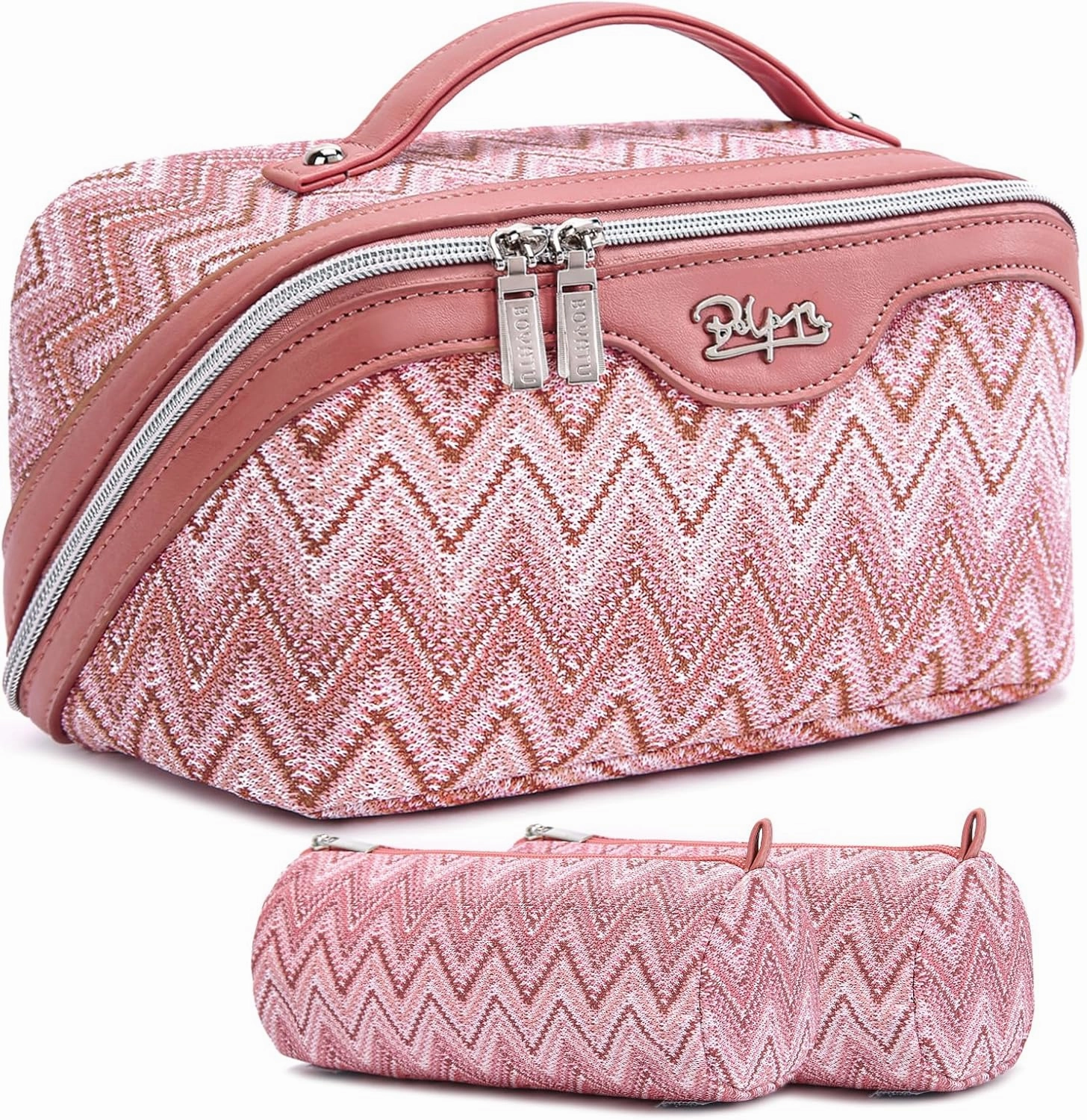 Travel Cosmetic Bag Makeup Bags for Women: Western Boho Makeup Bag Set of 3 - Large Vegan Leather Cosmetic Organizer Bags with Compartments & Handle & Divider(Red)