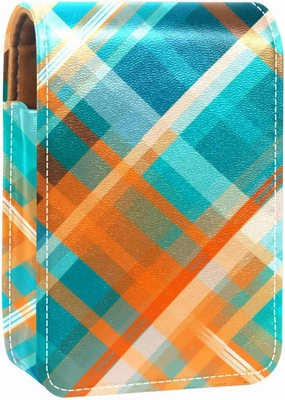 Travel Lipstick Organizer Case,Lipstick Case Portable Makeup Bag With Mirror,Blue and Orange Plaid