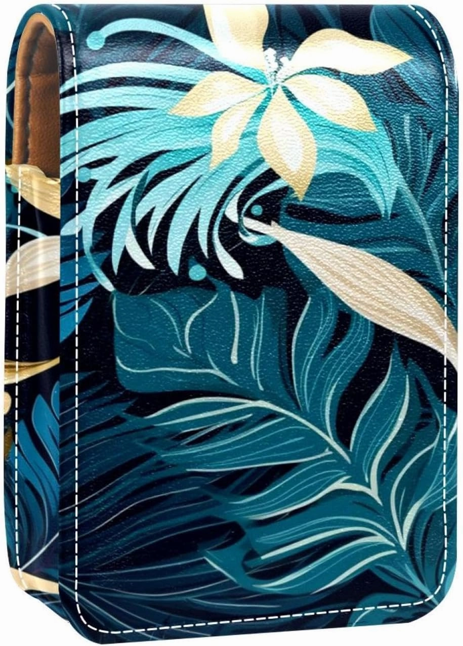 Travel Lipstick Organizer Case,Lipstick Case Portable Makeup Bag With Mirror,Tropical Leaves Graphic Gold