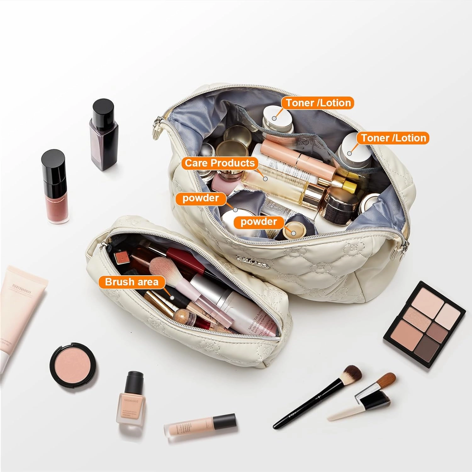 Travel Makeup Bag Cosmetic Organizer: Small Make up Bag for Purse - Preppy Skincare Bags for Women - Cute Zipper Pouch Waterproof Toiletry Bags - Gifts for Girls Friends Teachers (White)