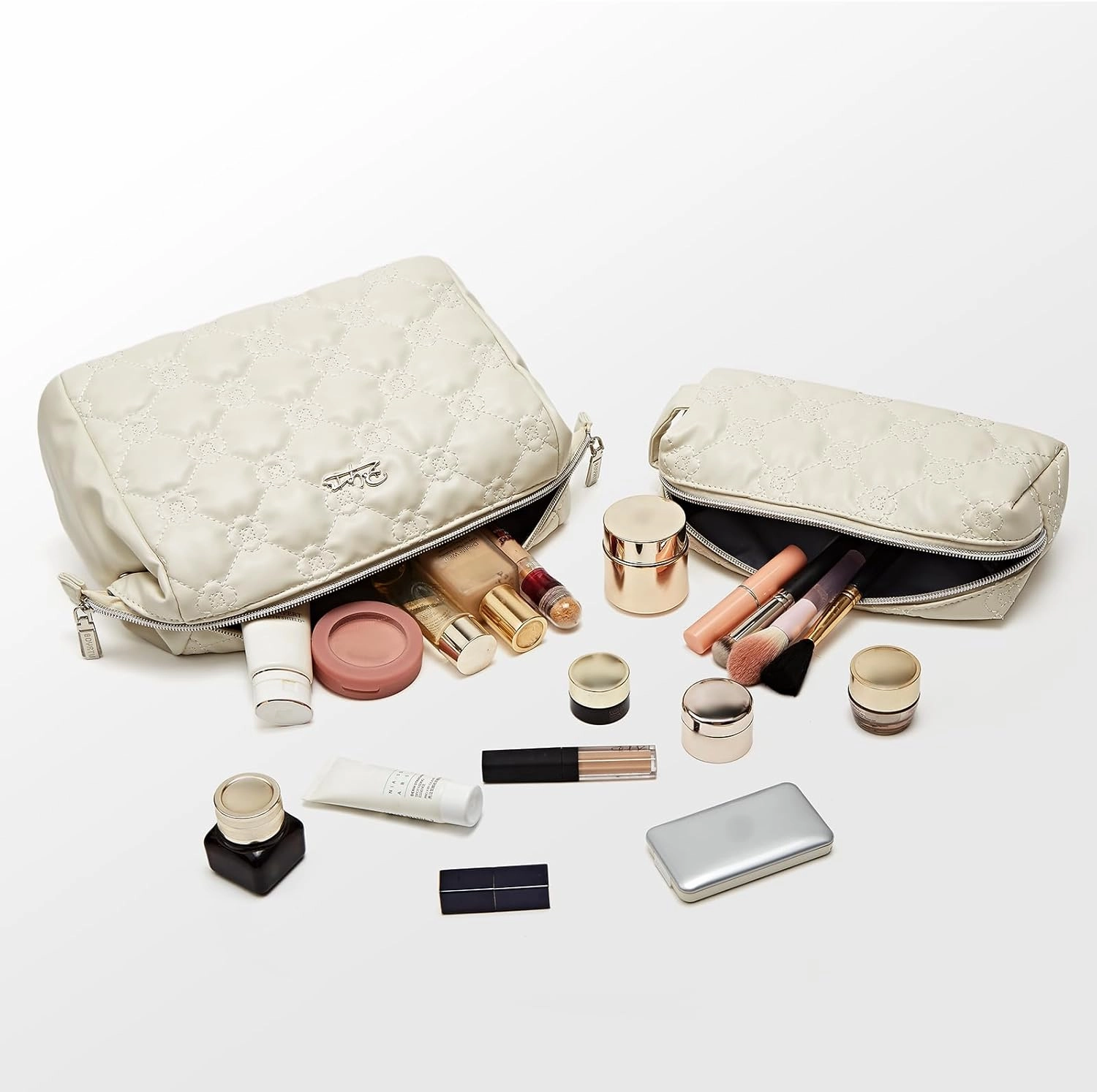 Travel Makeup Bag Cosmetic Organizer: Small Make up Bag for Purse - Preppy Skincare Bags for Women - Cute Zipper Pouch Waterproof Toiletry Bags - Gifts for Girls Friends Teachers (White)